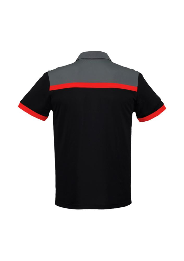 Men's Charger Polo in Black/Red/Grey, Size L, featuring UV protection, antibacterial fabric, and modern design elements.