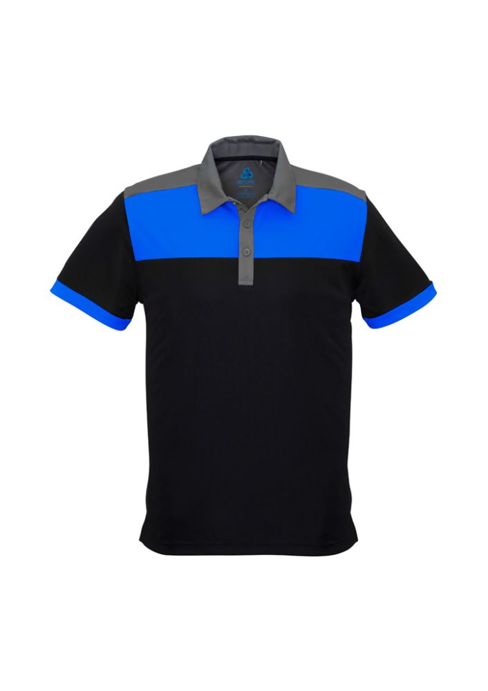 Men's Charger Polo in Black/Royal/Grey, 5XL size; features antibacterial fabric, UPF protection, and stylish contrast panels.