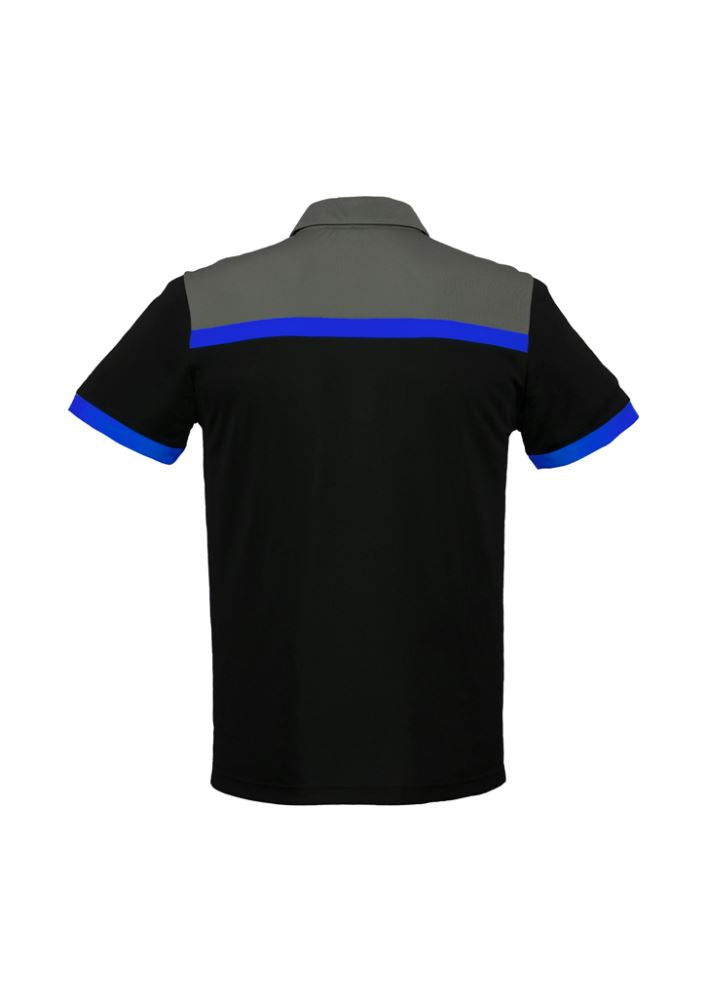 Men's Charger Polo in Black/Royal/Grey, size M, featuring lightweight, antibacterial fabric and stylish contrast panels.