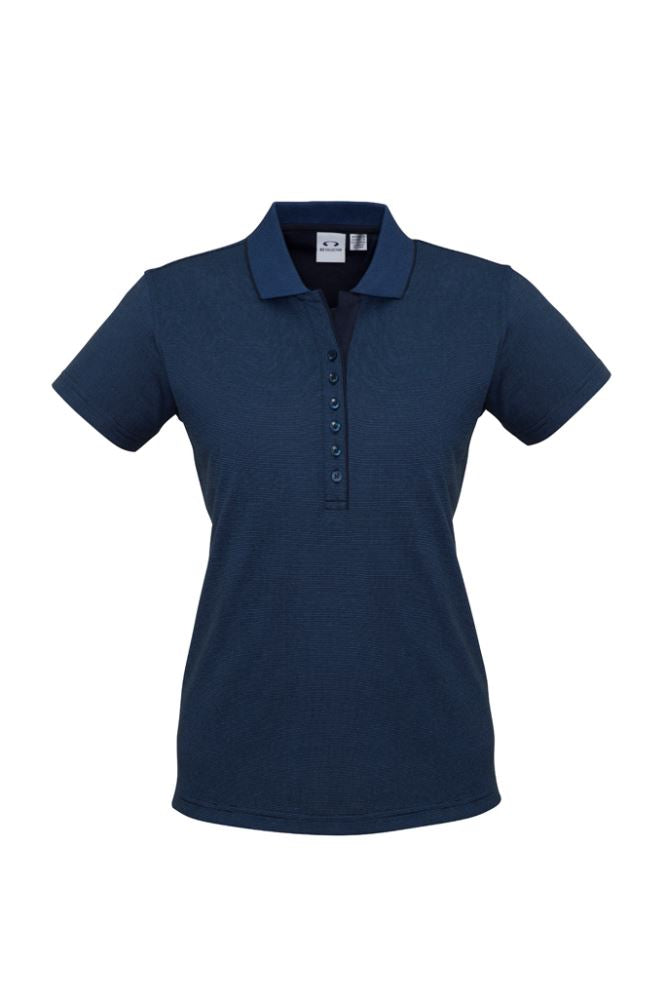 Ladies Shadow Polo in Carbon Blue, Size 18, featuring a stylish stripe pattern and modern Y-line placket for casual elegance.