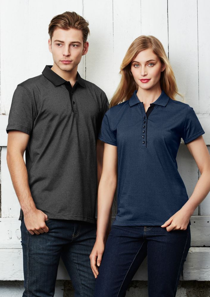 Men's Shadow Polo in Graphite Black, a soft and stylish polo with striped pattern, UPF protection, and a loose pocket. Size S.