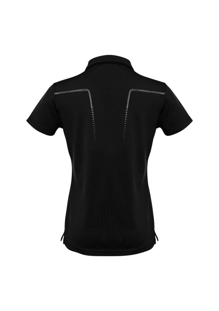 Ladies Cyber Polo in black and silver, size 12, featuring antibacterial fabric and trendy contrast design for stylish comfort.