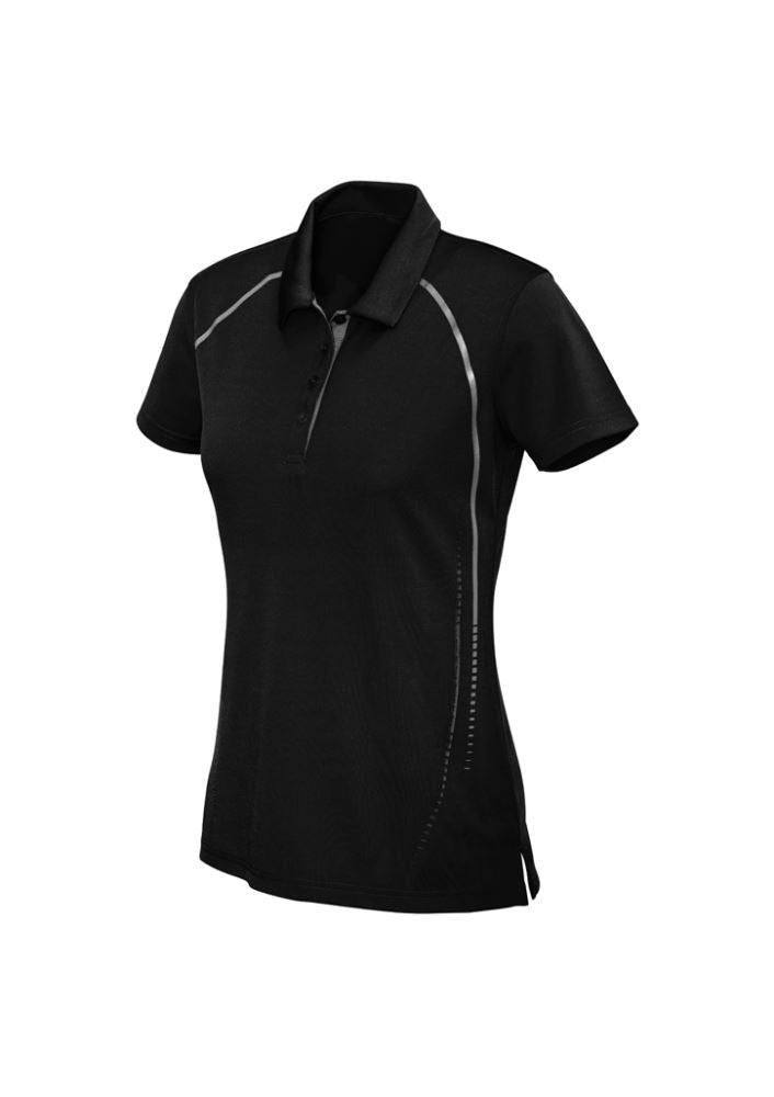 Ladies Cyber Polo in black and silver, size 12, featuring antibacterial fabric, self-collar, and trendy contrast print design.