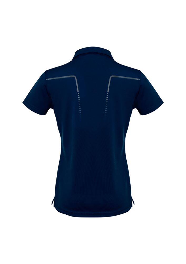 Navy and silver Ladies Cyber Polo, Size 16, with breathable fabric, antibacterial treatment, and stylish contrast design.