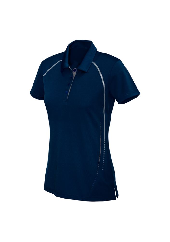 Ladies Cyber Polo in Navy/Silver, Size 18; lightweight, UPF protection, antibacterial, stylish contrast design, self-fabric collar.