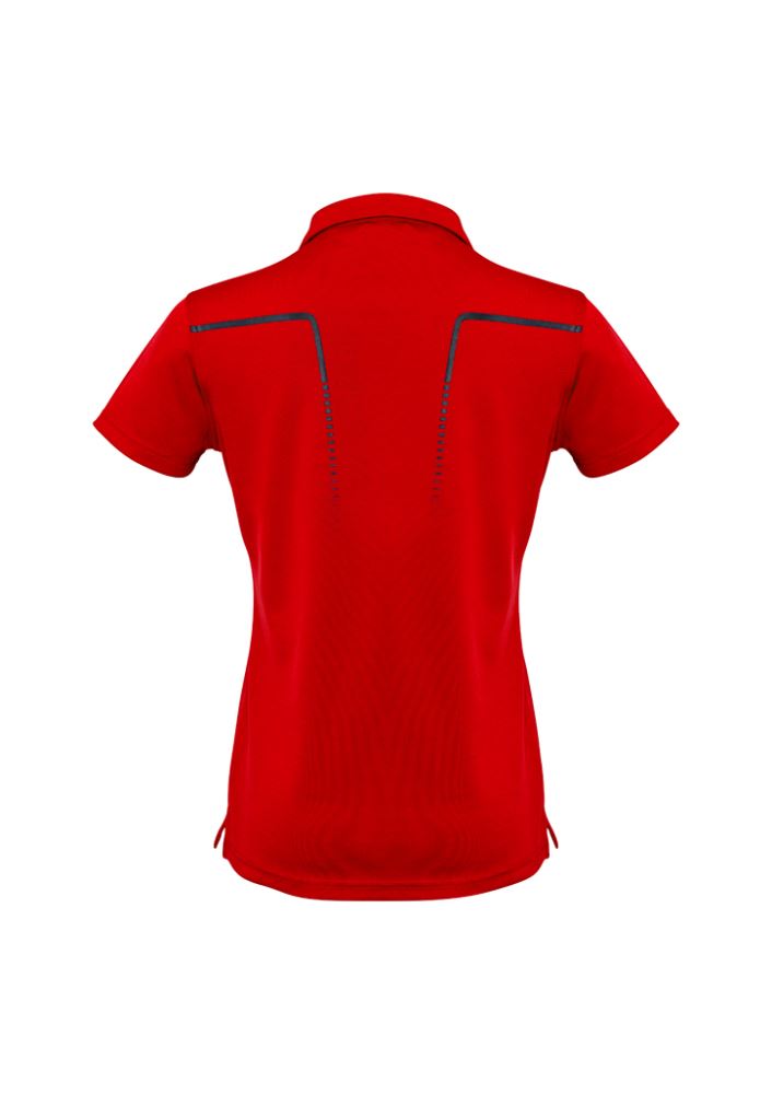 Ladies Cyber Polo in red and silver, size 8, features lightweight, breathable fabric with UPF protection and antibacterial treatment.