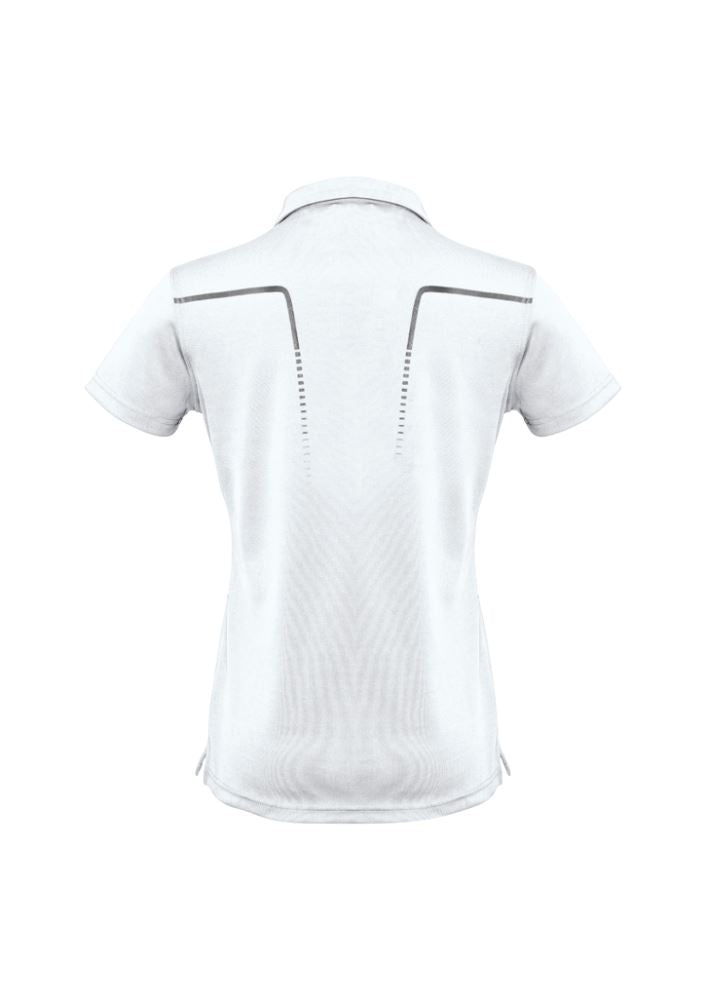 Ladies Cyber Polo in White/Silver, Size 22, features breathable fabric, antibacterial treatment, and stylish contrast design.