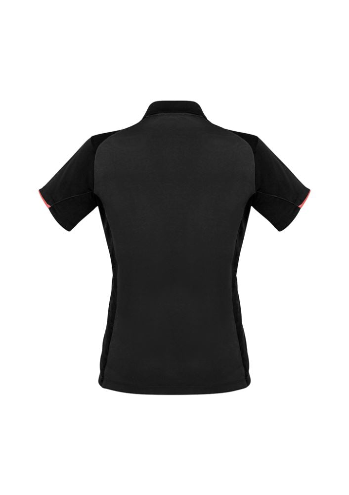 Ladies Victory Polo in Black/Grey/Red, Size 14, featuring antibacterial fabric, UPF protection, and fluoro print design.