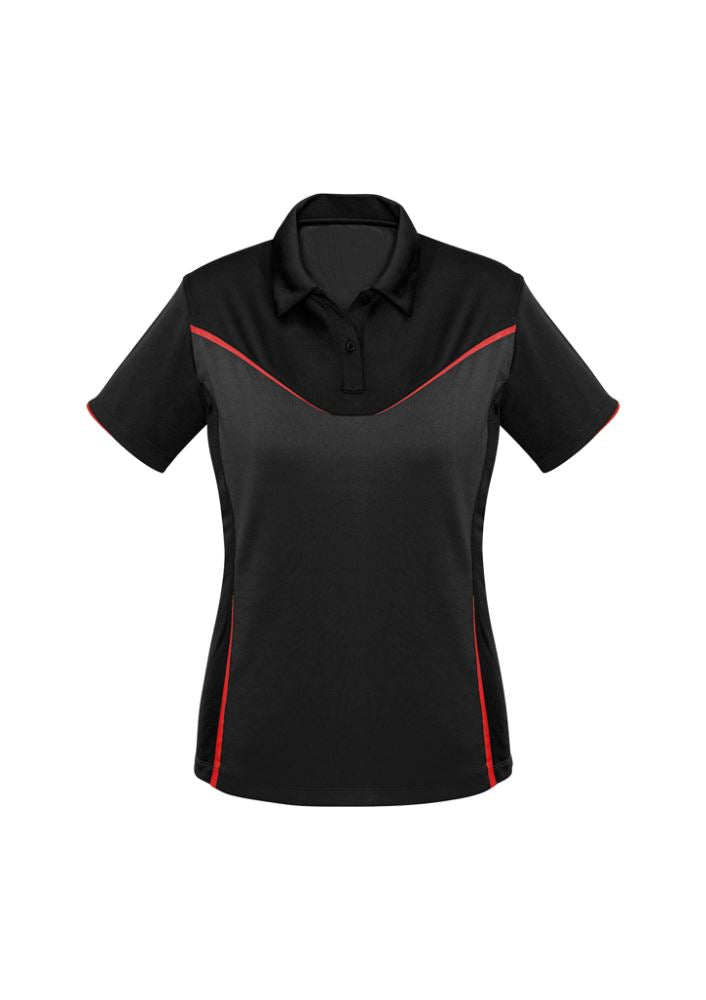 Ladies Victory Polo in Black, Grey, and Red, size 22, featuring UPF protection, antibacterial fabric, and a modern fluoro print.