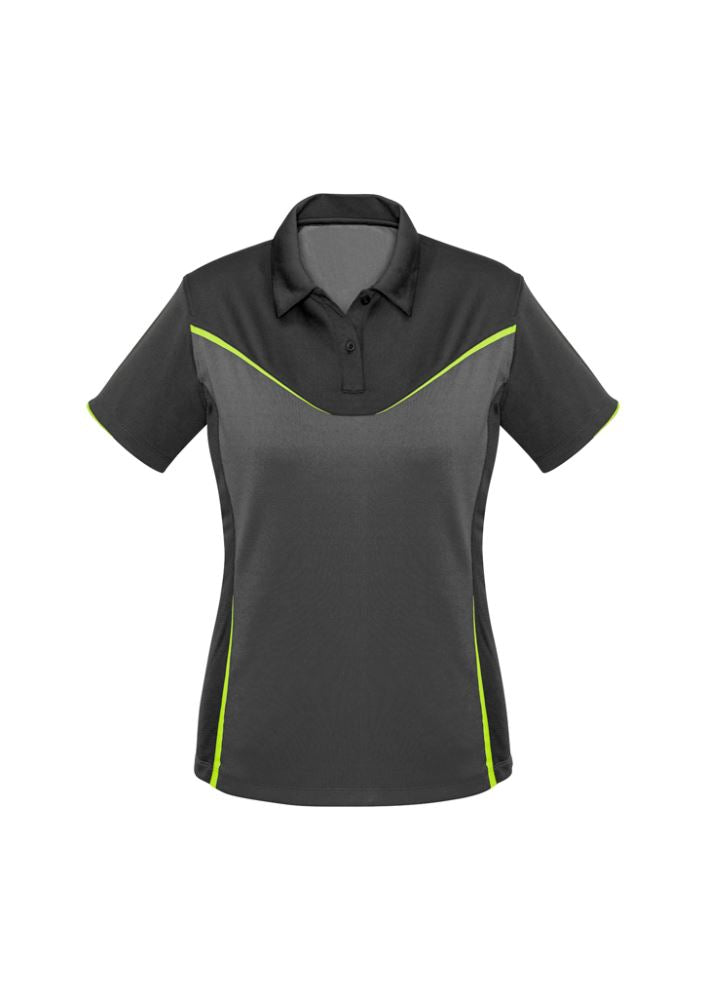 Ladies Victory Polo in Grey/Ash/Fluoro Yellow, size 18, showcasing stylish design and cooling antibacterial fabric.