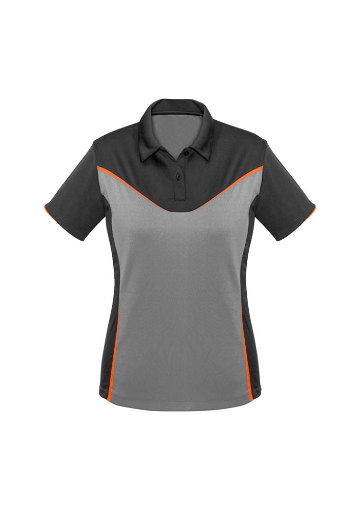 Ladies Victory Polo in Grey/Silver/Fluoro Orange, size 10, with breathable fabric, UPF protection, and stylish design.