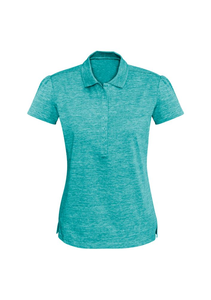 Turquoise blue ladies polo in size 18, featuring stylish pleating and a breathable cotton fabric for comfort and sun protection.