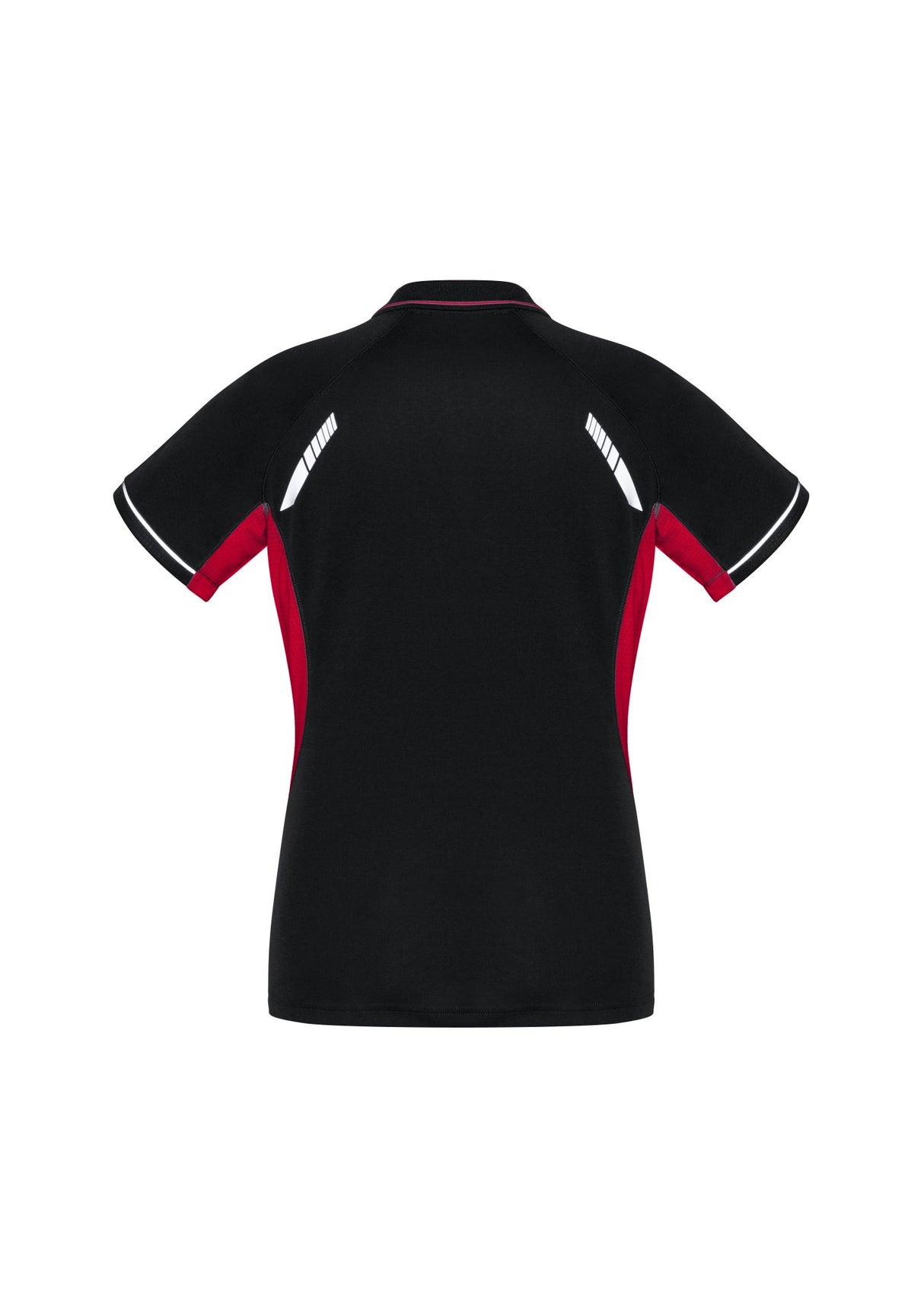 Ladies Renegade Polo in Black/Red/Silver, size 18, featuring breathable fabric, UPF protection, and stylish reflective trims.