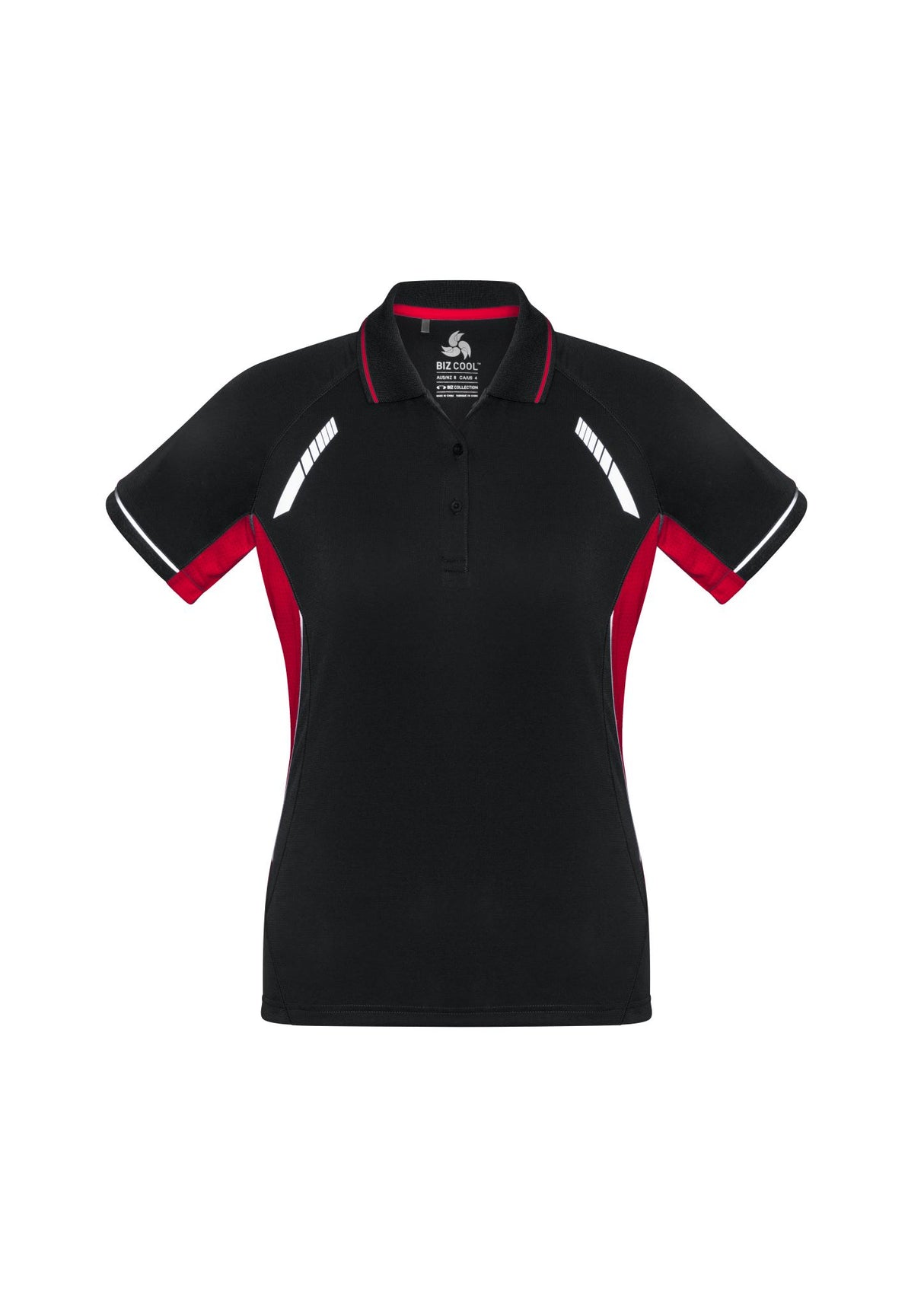 Ladies Renegade Polo in Black, Red, and Silver featuring stylish reflective trims and breathable mesh panels for comfort.