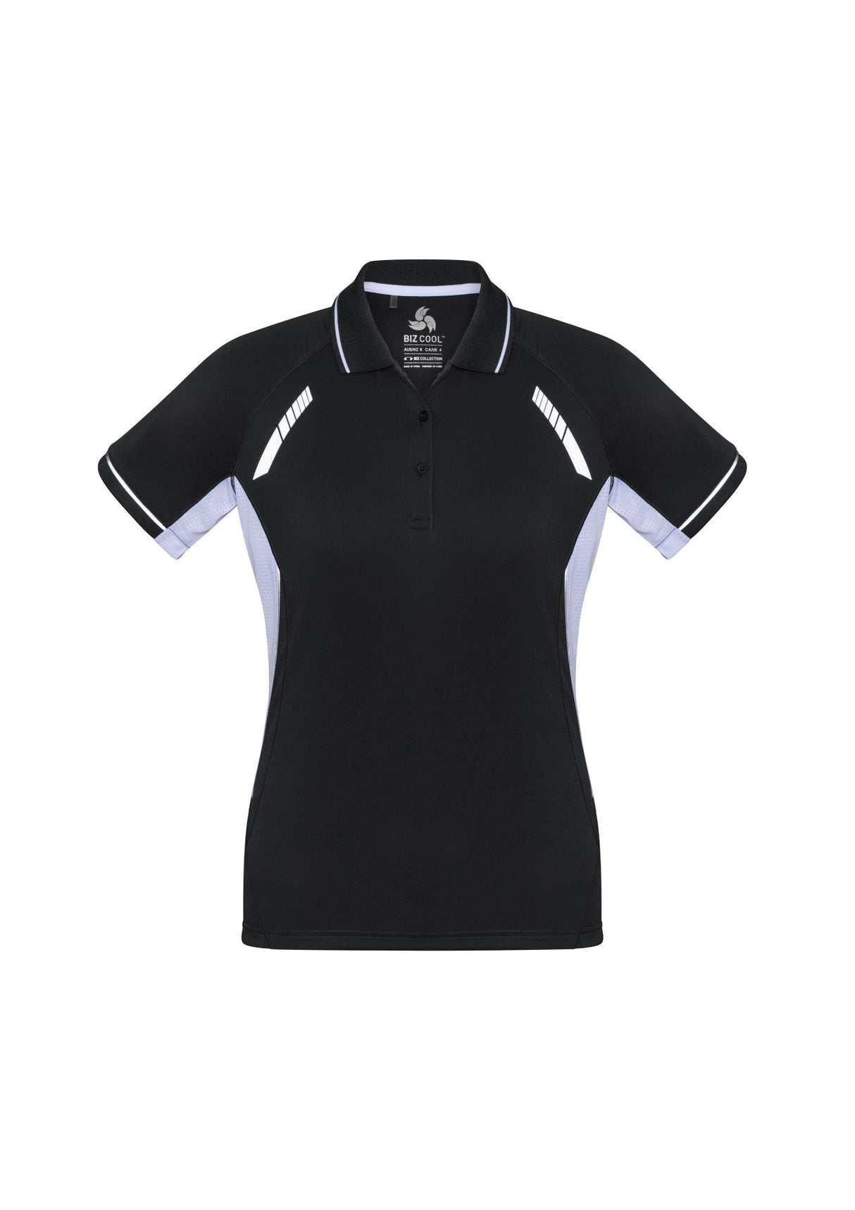 Ladies Renegade Polo in black, white, and silver, size 22, showcasing reflective trims and breathable fabric for style and comfort.