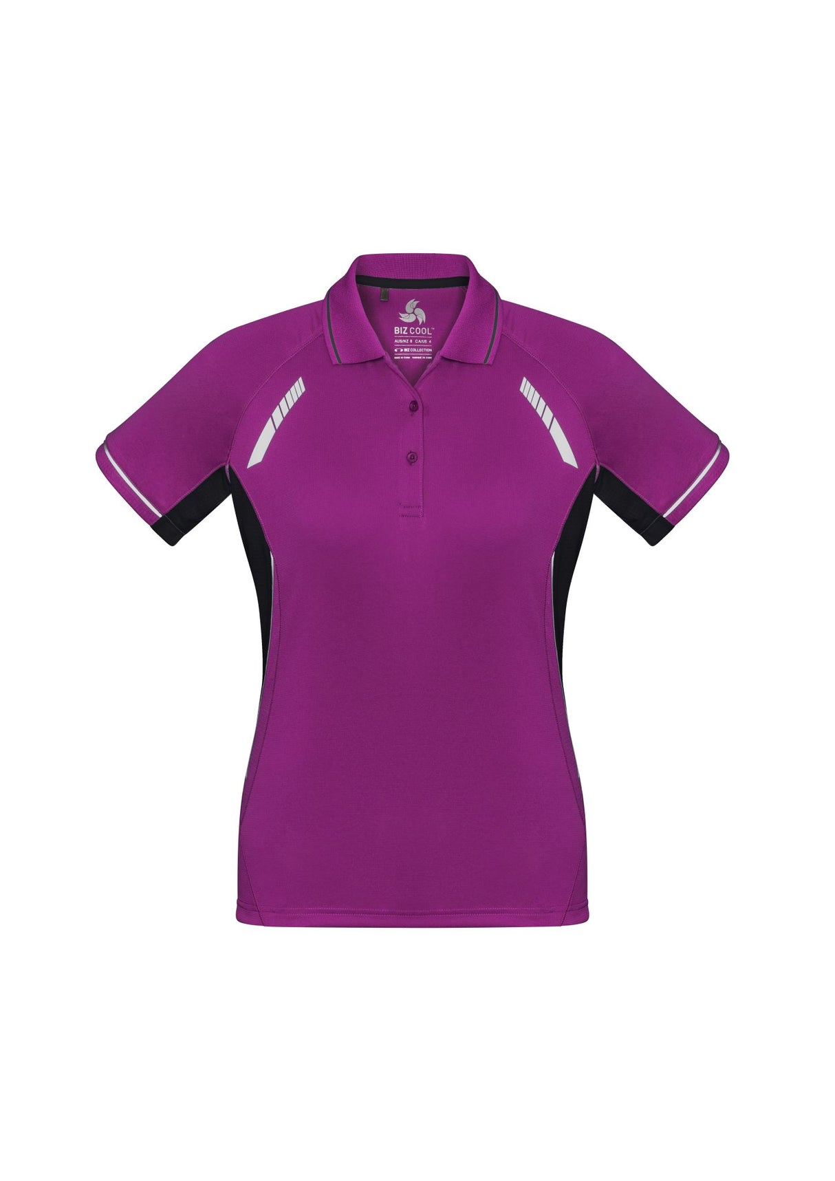 Ladies Renegade Polo in Magenta, Black, and Silver, featuring breathable fabric, mesh panels, and reflective trims. Size 8.