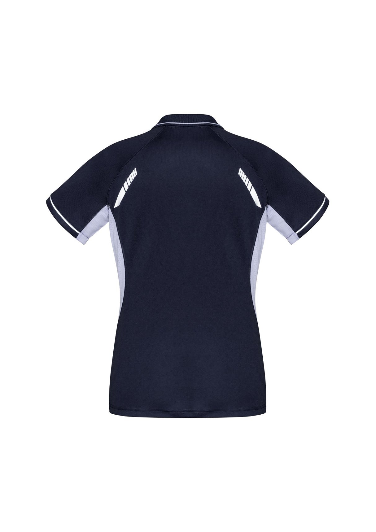 Ladies Renegade Polo in navy, white, and silver, size 12, featuring moisture-wicking fabric and stylish reflective trims.