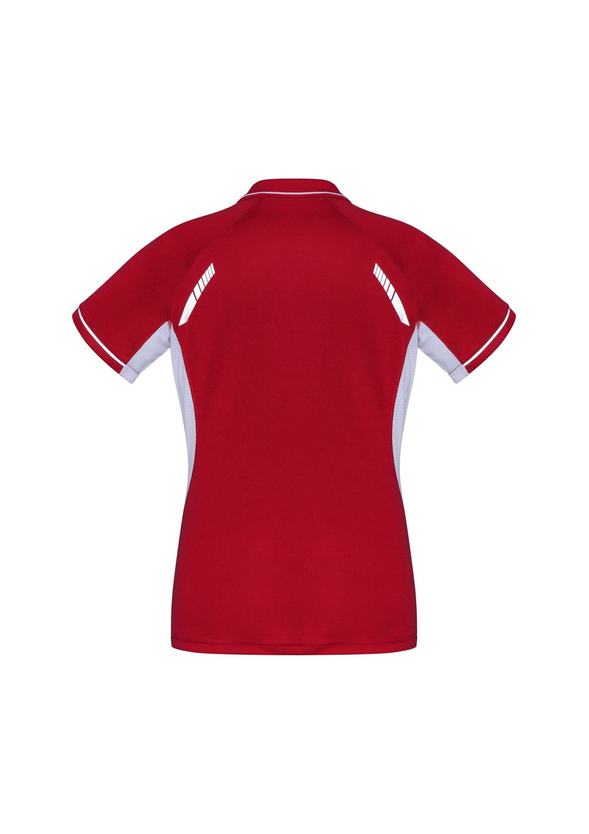 Ladies Renegade Polo in red, white, and silver, showcasing stylish reflective trims and breathable mesh panels for comfort.