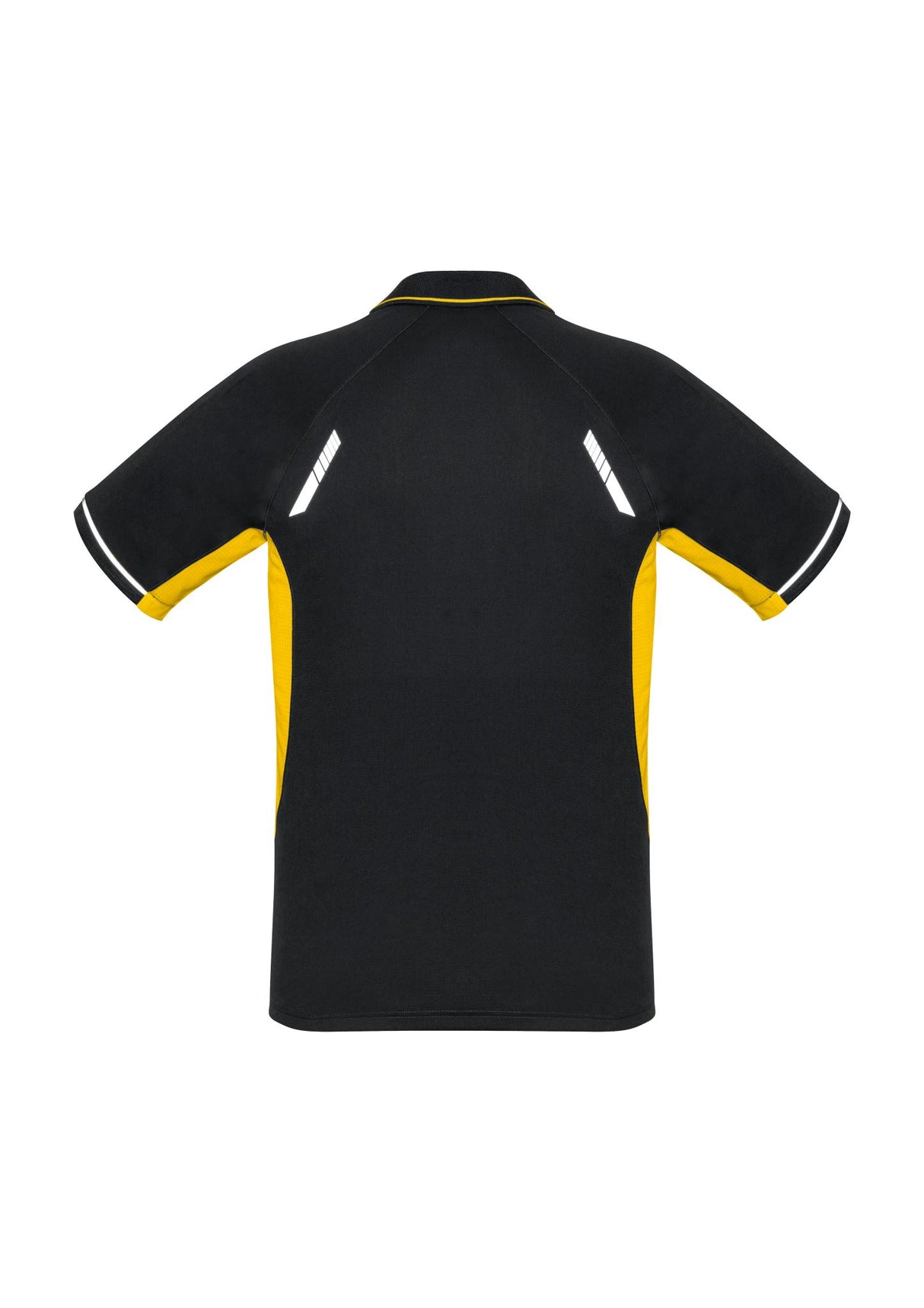 Stylish Men's Renegade Polo in Black/Gold/Silver, size XL, featuring breathable fabric, reflective trims, and mesh panels.