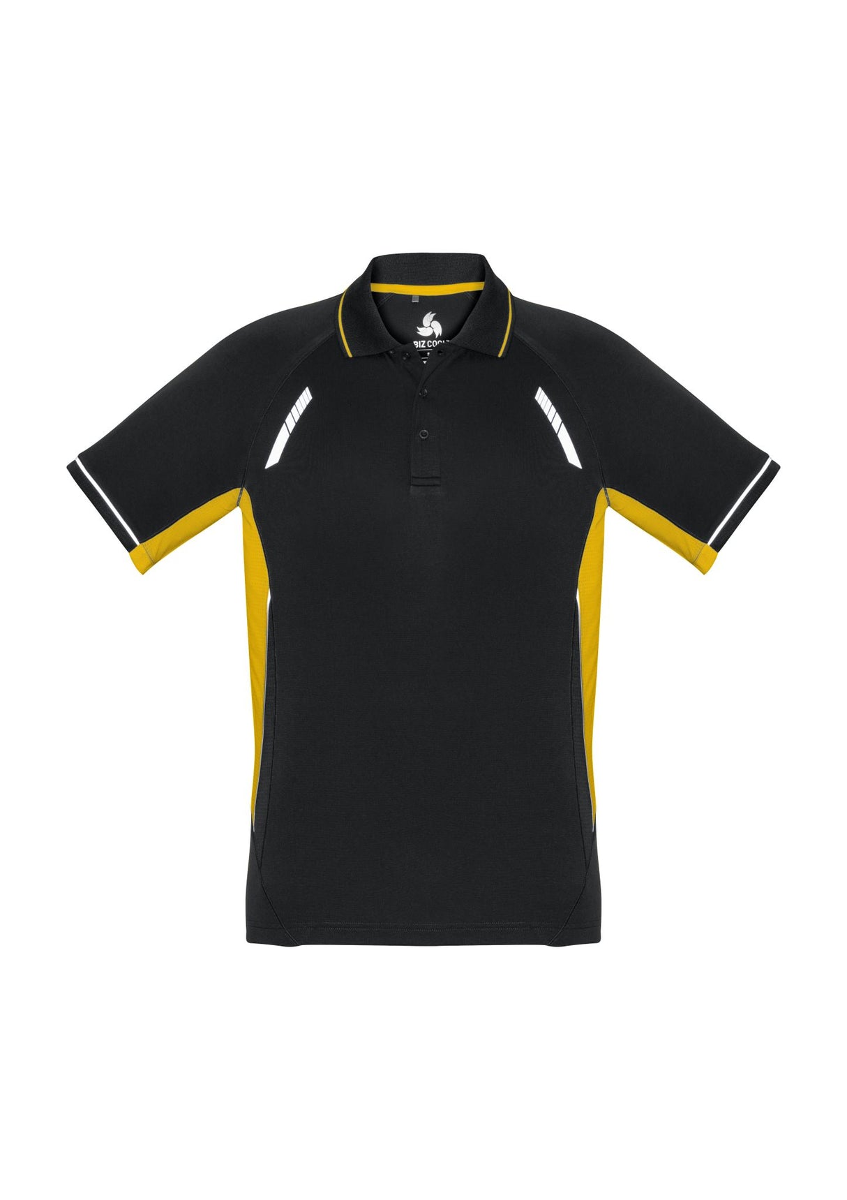 Men's Renegade Polo in Black/Gold/Silver, Size L, featuring breathable fabric, reflective trims, and a classic knitted collar.