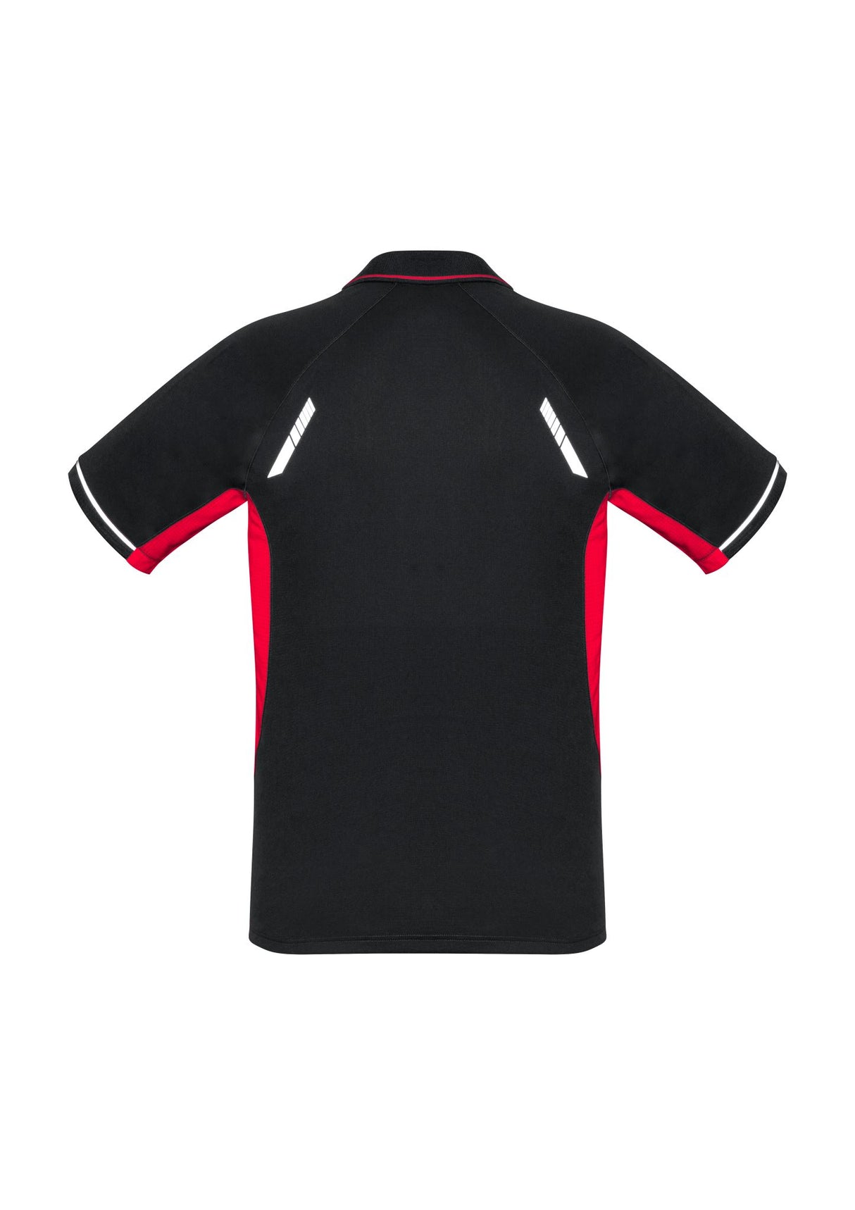 Kids Renegade Polo in Black/Red/Silver, size 12, featuring reflective trims, mesh panels, and a stylish knitted collar.