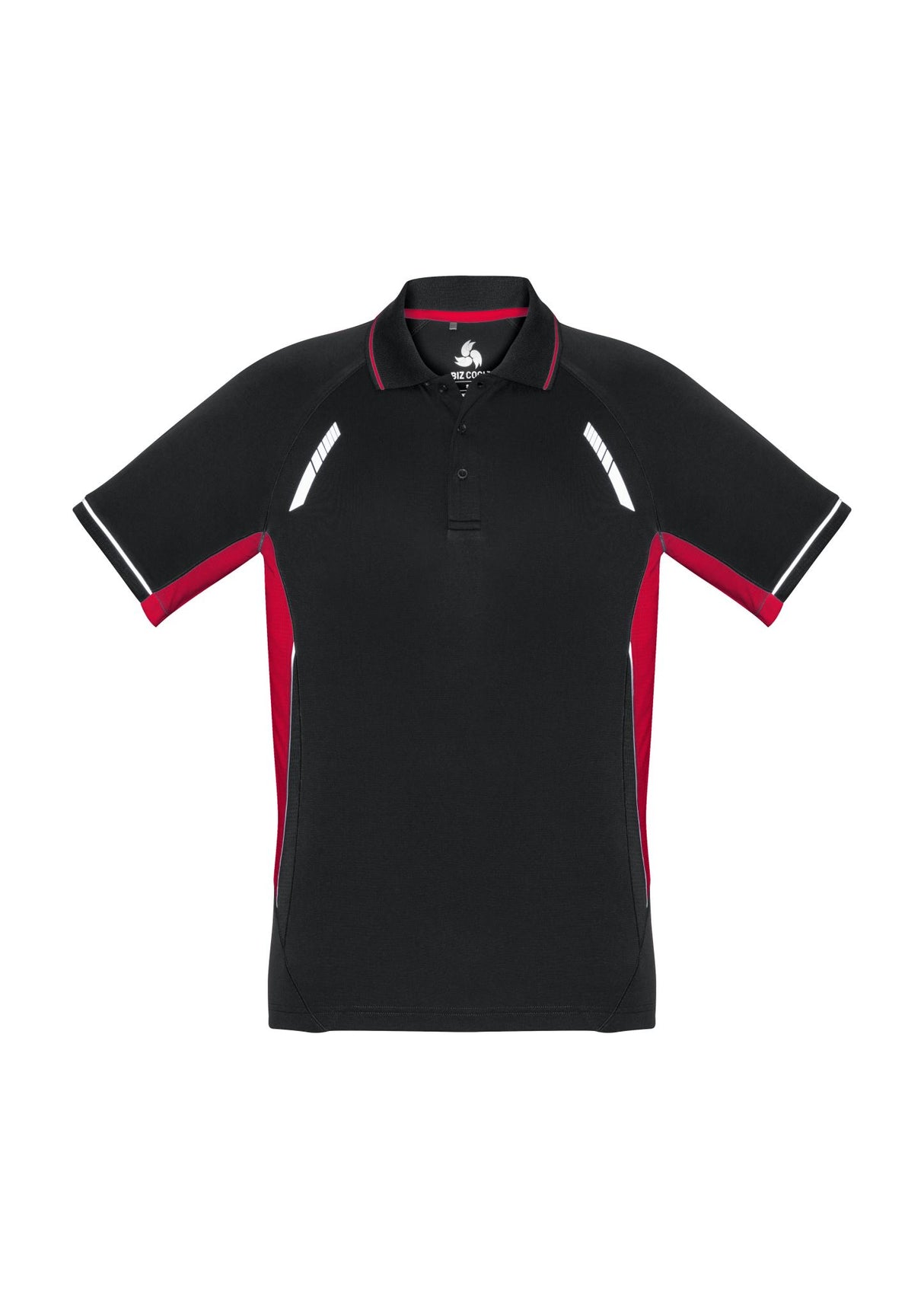 Men's Renegade Polo in Black, Red, and Silver, 5XL, featuring breathable fabric, reflective trims, and mesh panels for ventilation.