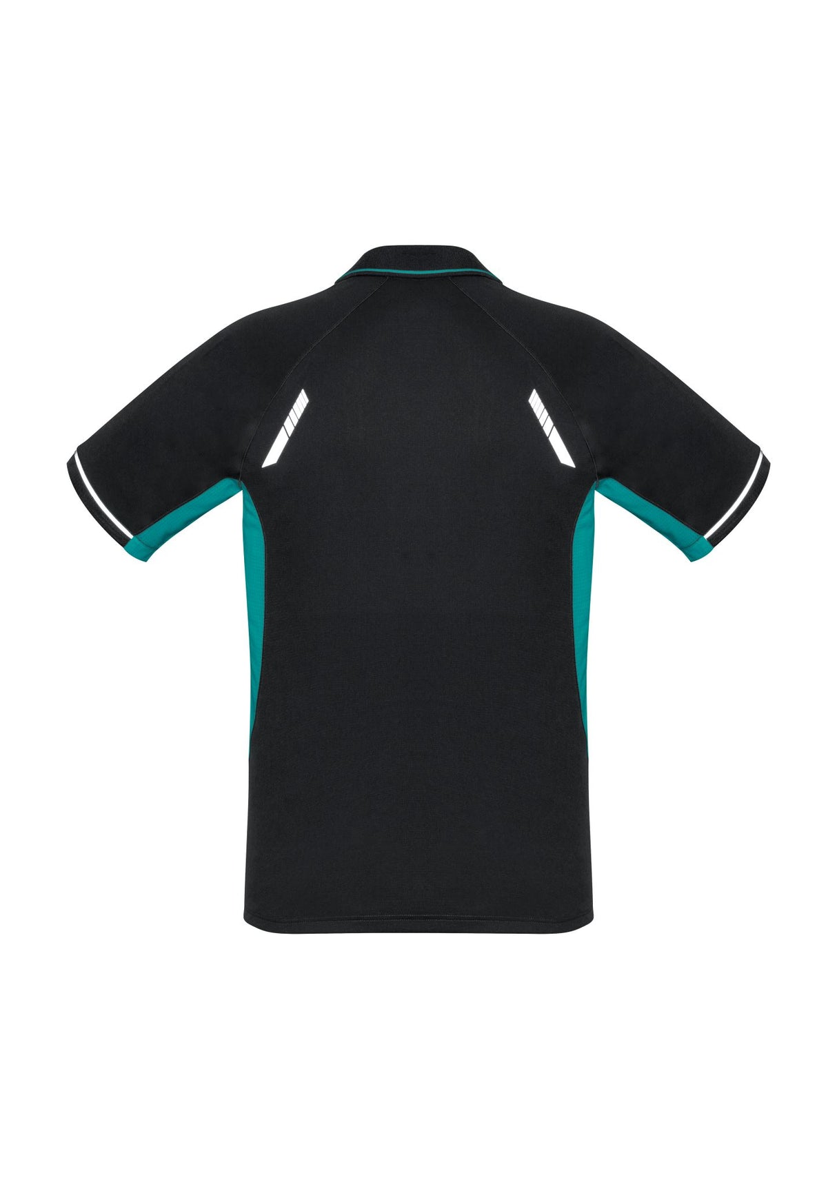Men's Renegade Polo in Black/Teal/Silver, moisture-wicking fabric, reflective trims, and breathable mesh panels for comfort and style.