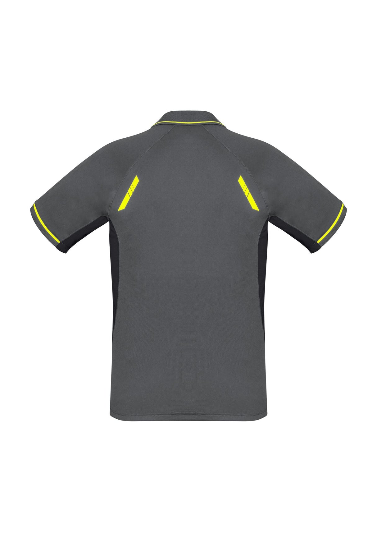 Men's Renegade Polo in Grey, Black, and Fluoro Yellow, 5XL, featuring reflective trims and breathable mesh panels for comfort.