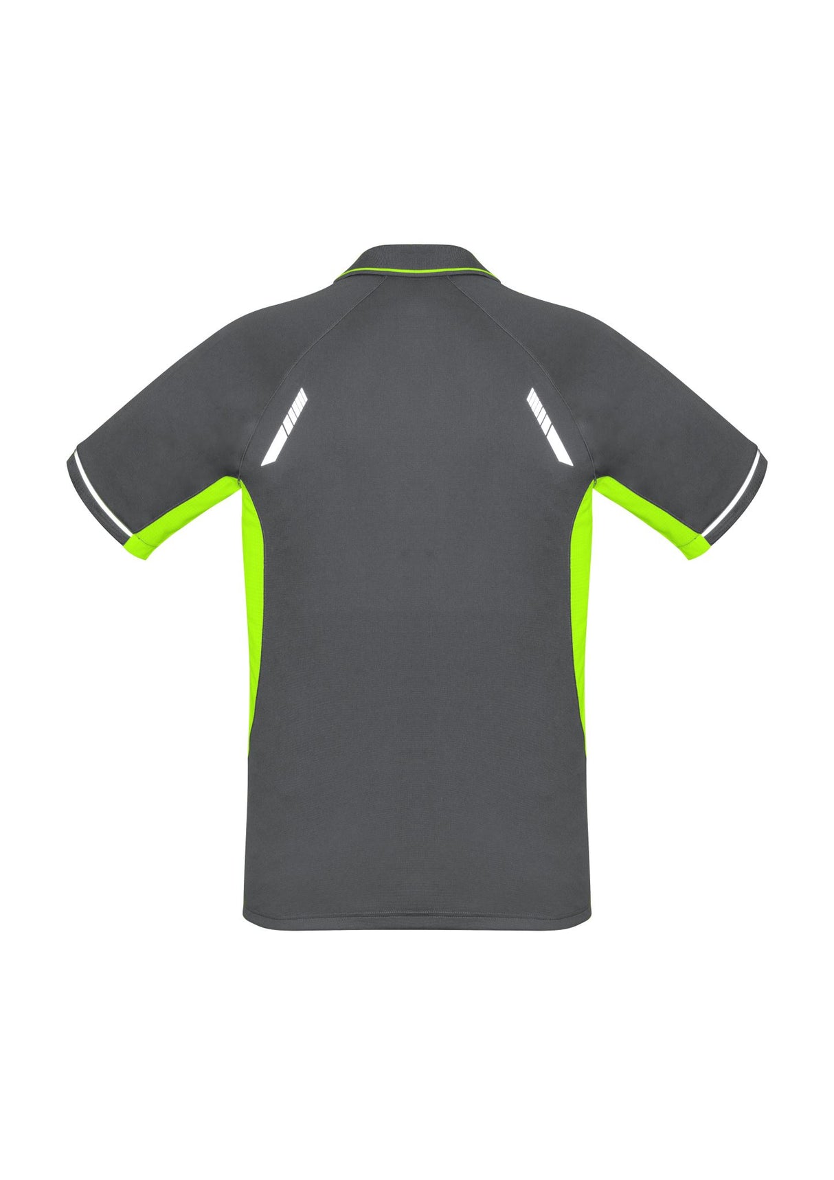 Mens Renegade Polo in Grey/Fluoro Lime/Silver, size S, featuring mesh panels, reflective trims, and a stylish knitted collar.
