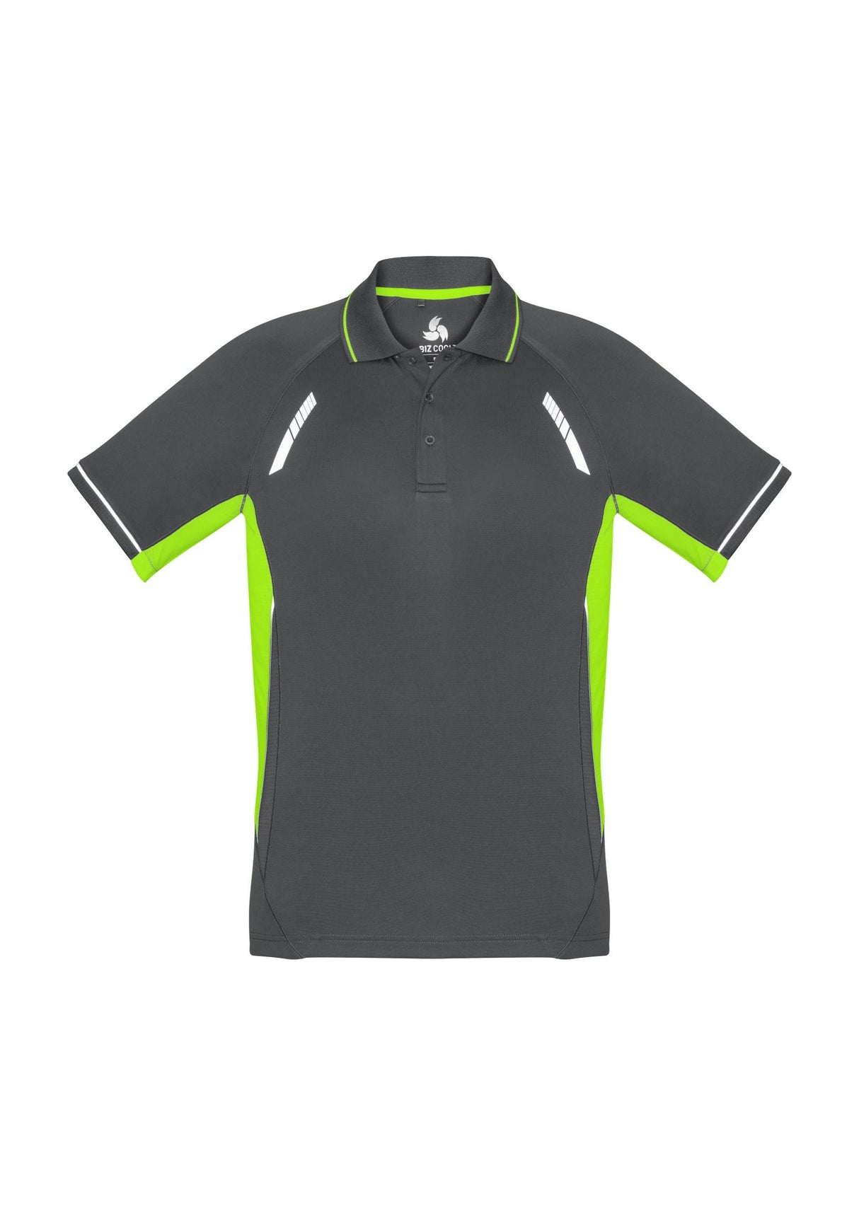 Mens Renegade Polo in grey, fluoro lime, and silver, size 5XL, featuring reflective trims and breathable mesh panels.