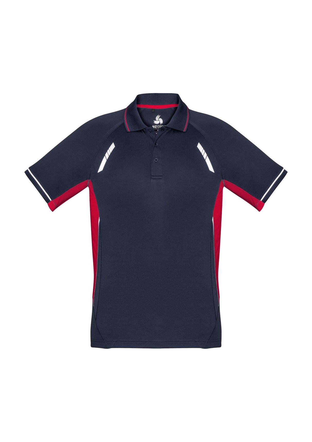 Navy/red/silver Kids Renegade Polo shirt, size 4, made of lightweight polyester with reflective trims and mesh panels.