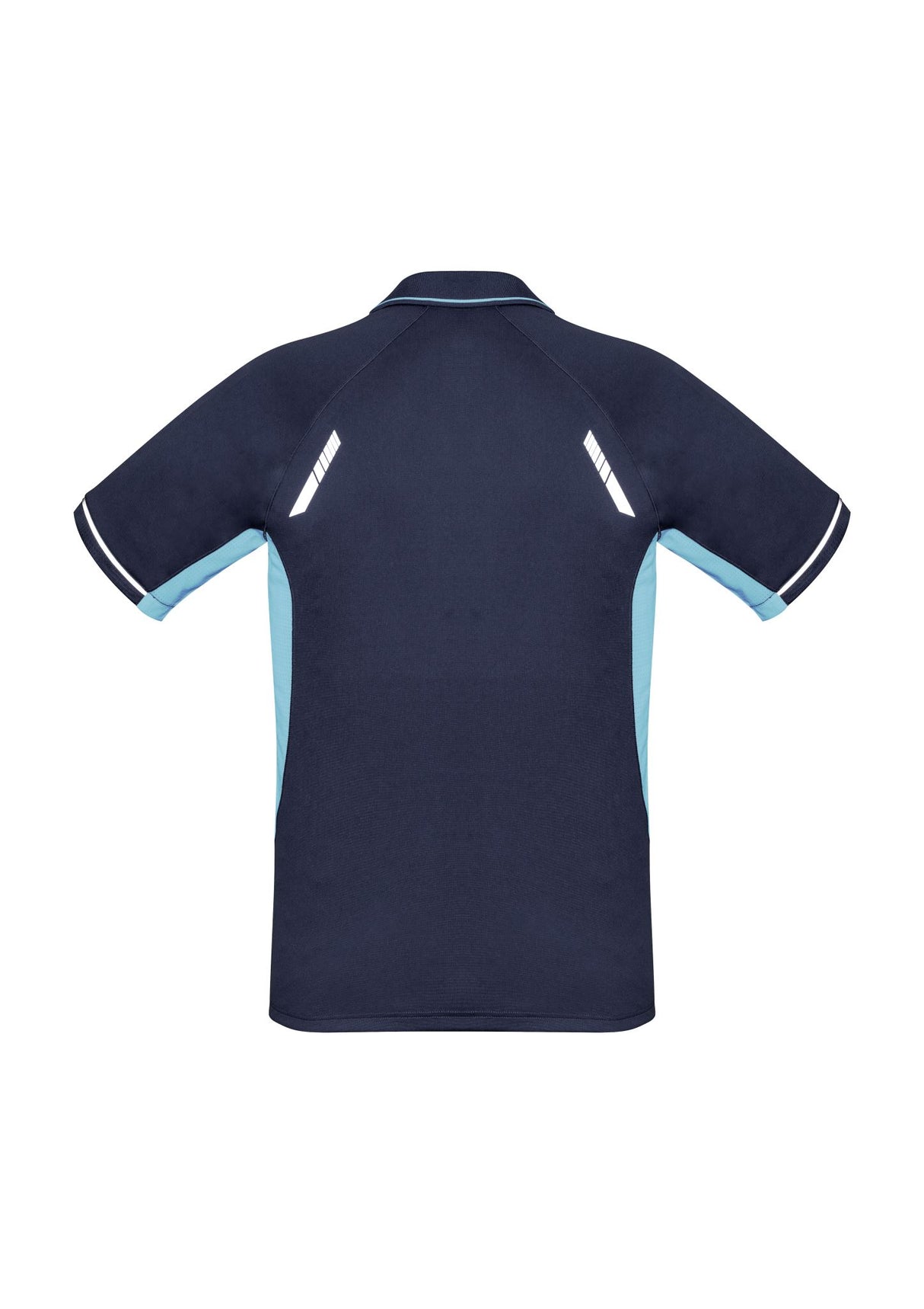 Kids Renegade Polo in Navy/Sky/Silver, size 12, featuring breathable fabric, reflective trims, mesh panels, and a stylish collar.