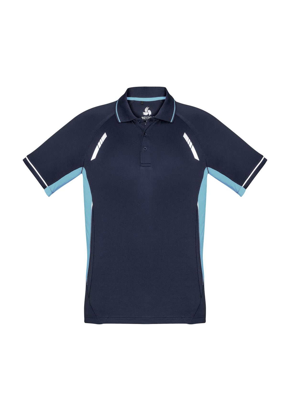 Men's Renegade Polo in Navy/Sky/Silver, XL size, featuring breathable fabric, bold colors, and reflective trim for style and comfort.