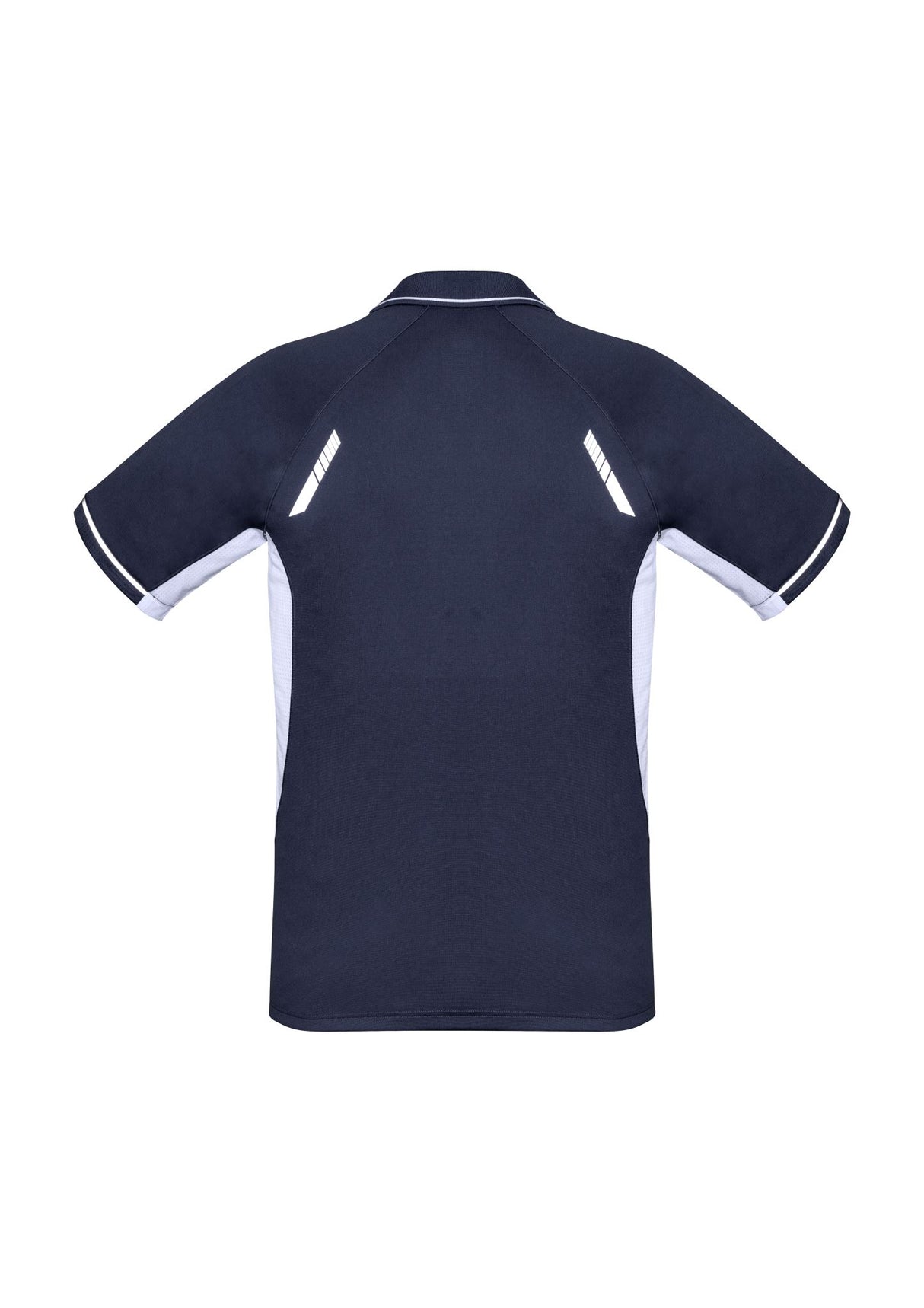 Kids Renegade Polo in Navy/White/Silver, size 10, featuring breathable fabric, mesh panels, and stylish reflective trims.