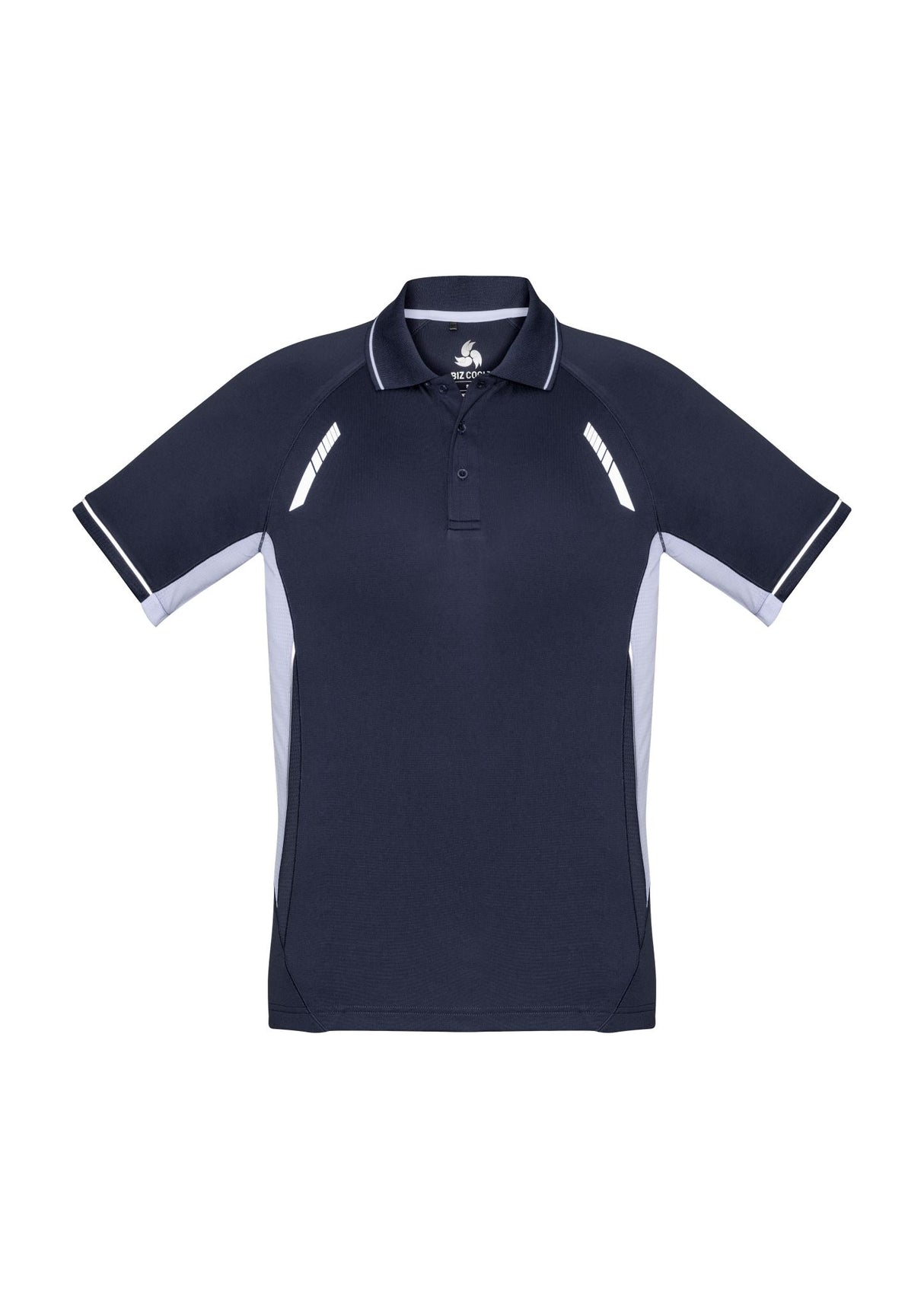 Mens Renegade Polo in Navy/White/Silver, Size XL, features breathable fabric, reflective trims, and a stylish knitted collar.