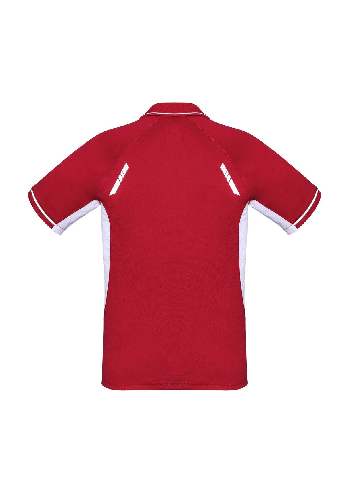 Mens Renegade Polo in Red, White, and Silver; lightweight, breathable fabric with stylish reflective trims and ventilation panels.