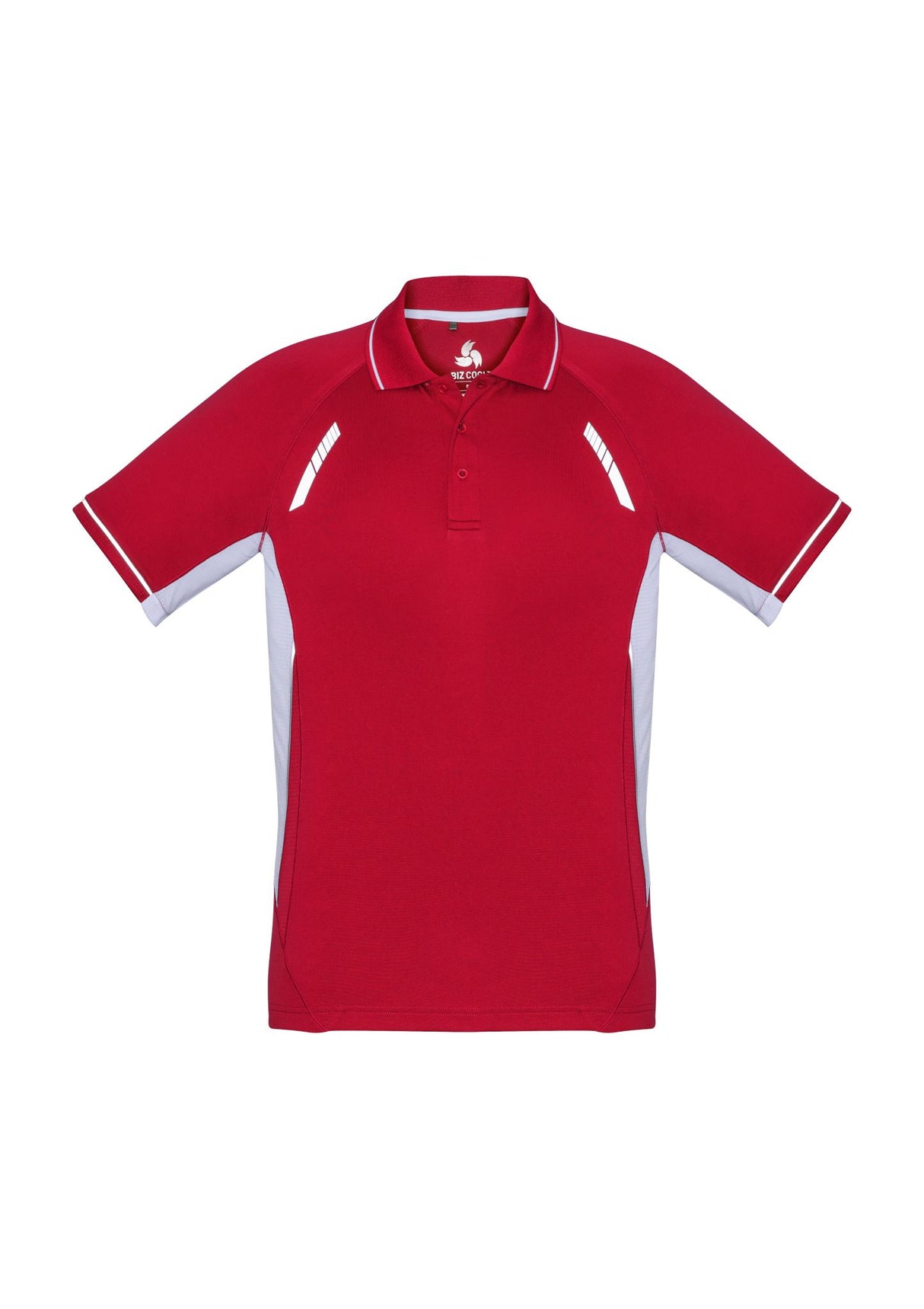 Mens Renegade Polo in Red, White, and Silver, featuring breathable fabric, reflective trims, and a stylish knitted collar.