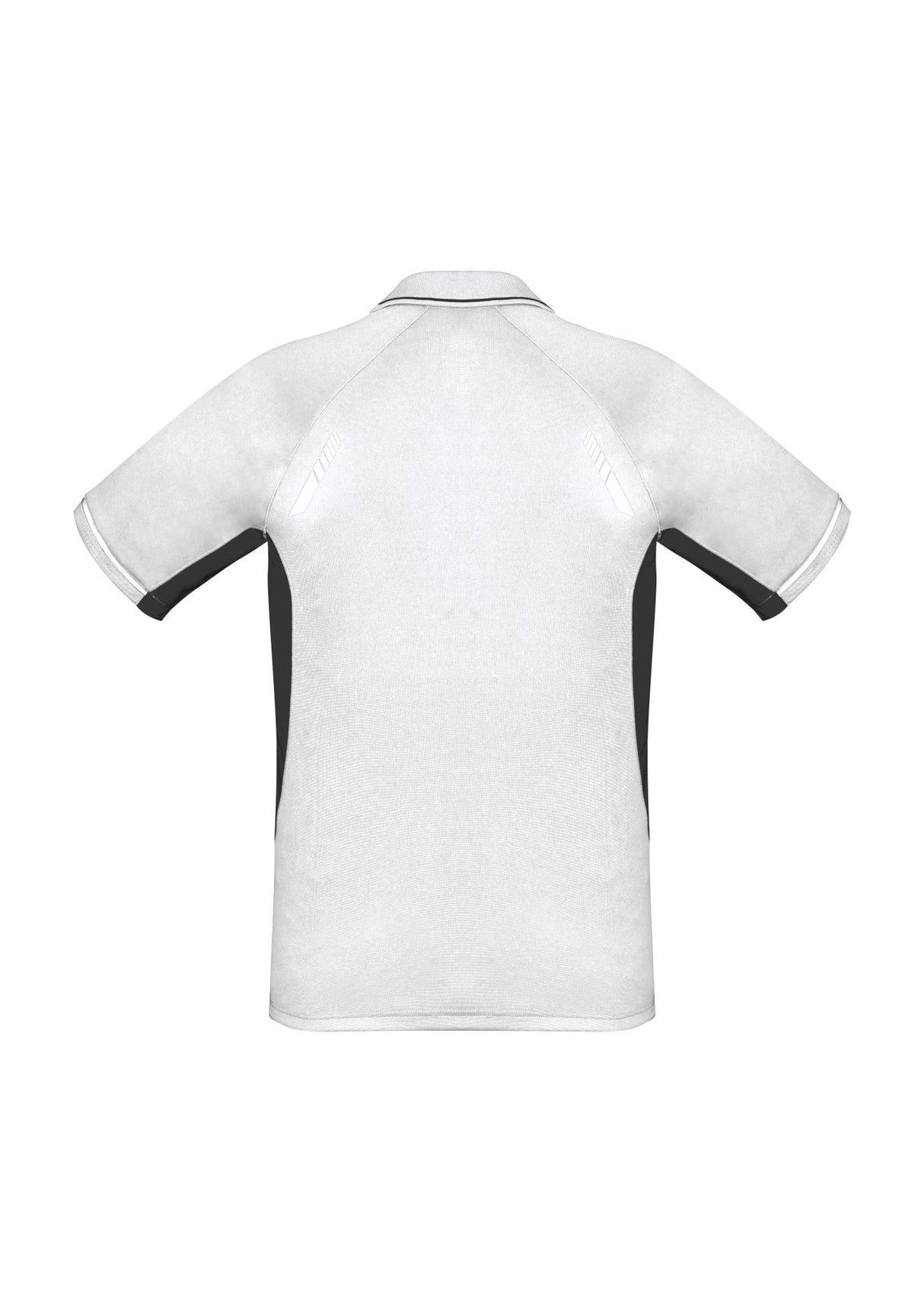 Kids Renegade Polo in White/Black/Silver, size 4, featuring breathable fabric, mesh panels, and reflective trims for style and comfort.