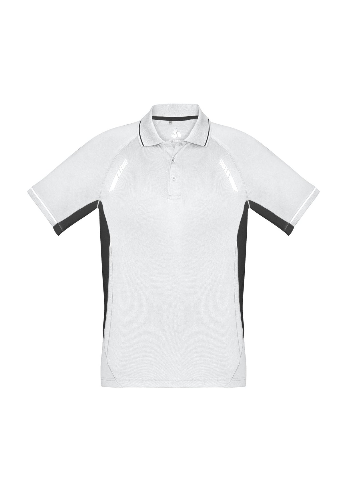 Men's Renegade Polo in White, Black, and Silver, featuring breathable fabric, reflective trims, and a stylish knitted collar.