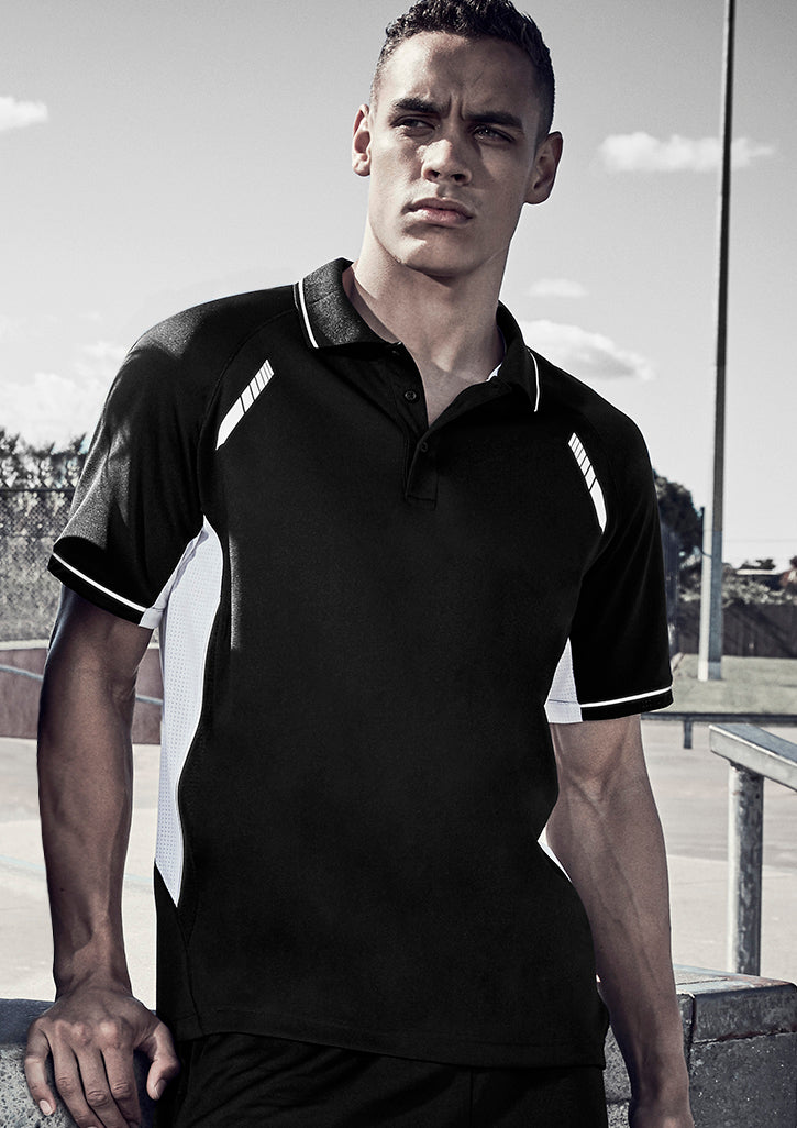 Men's Renegade Polo in Black/Gold/Silver, 3XL, featuring breathable fabric, reflective trims, and a functional pocket.