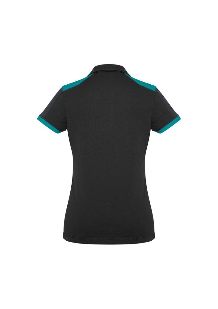 Ladies Rival Polo in Black and Teal, size 12, featuring breathable fabric and stylish design, perfect for casual and professional wear.