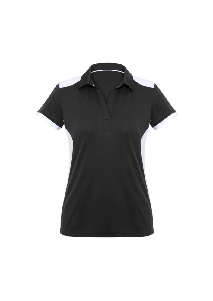 Stylish Ladies Rival Polo in Black/White, size 18, featuring UPF protection and bold contrast panel design.