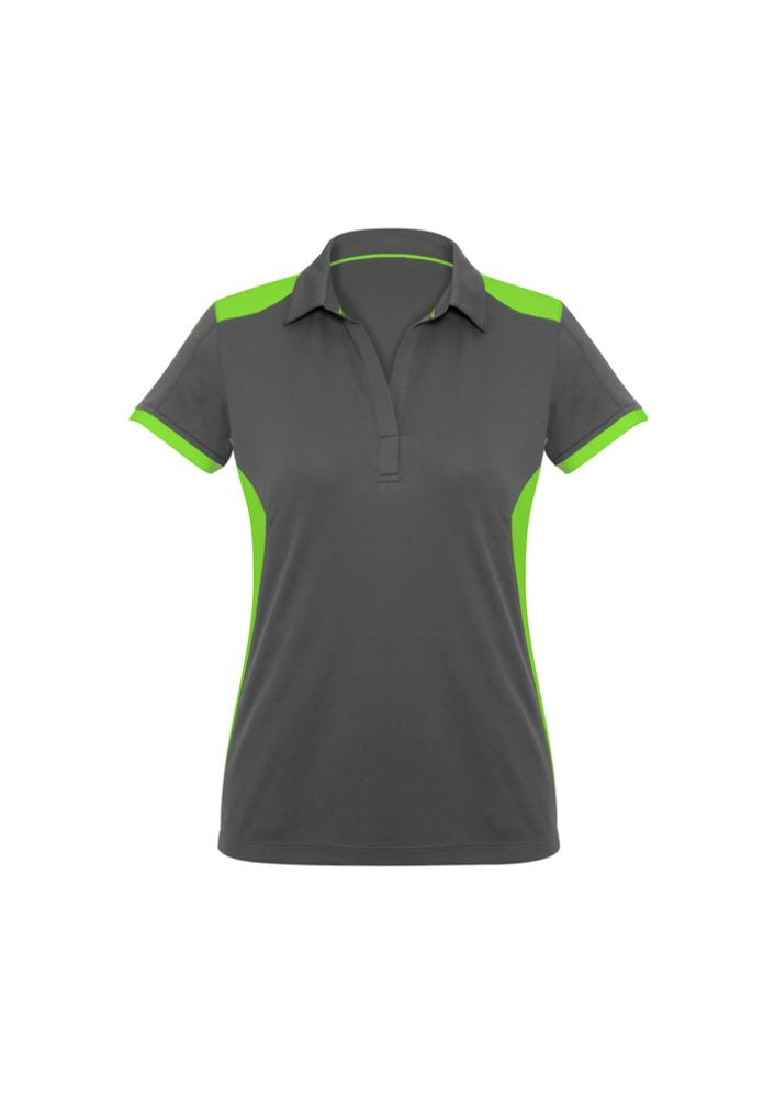 Ladies Rival Polo in Grey/Fluoro Lime, Size 8, featuring bold contrast design and breathable UPF 50+ fabric for comfort and style.