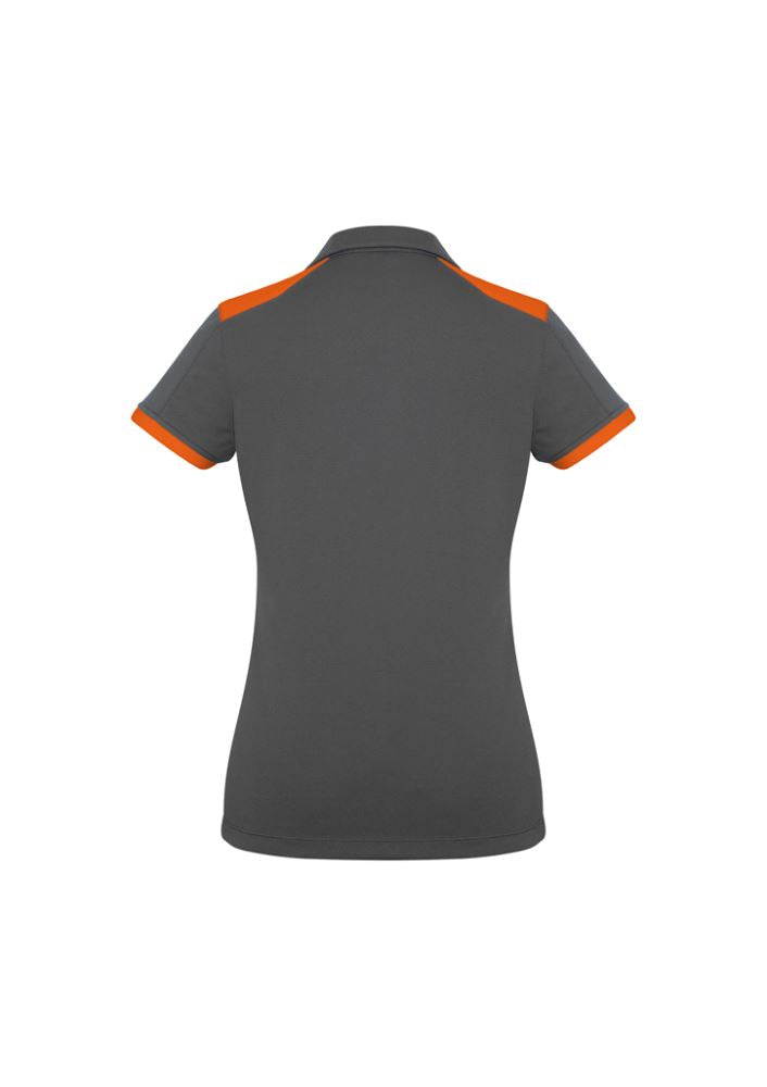 Ladies Rival Polo in Grey and Orange, Size 22, featuring contrast panels and Y-line placket for stylish comfort.