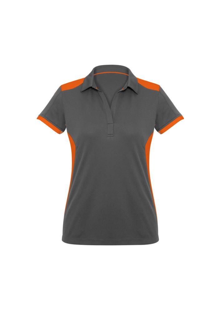 Ladies Rival Polo in Grey and Orange, size 24, featuring a chic Y-line placket and UPF protection, perfect for activewear.