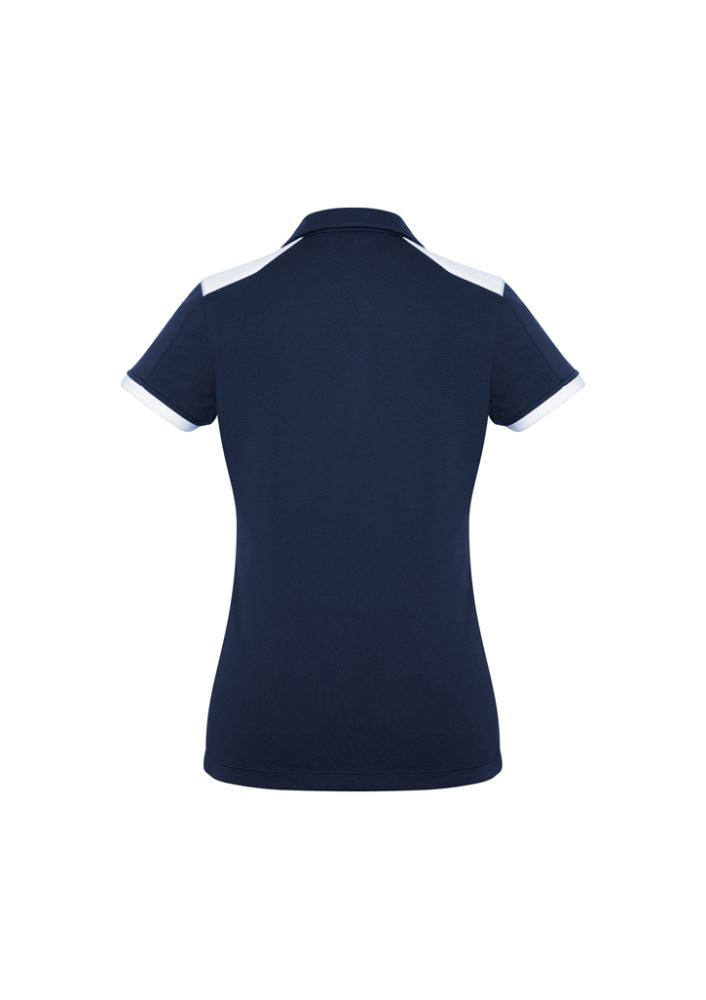 Navy and white Ladies Rival Polo, size 6, with UPF protection, bold design, and Y-line placket for a flattering fit.