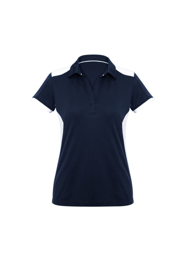 Ladies Rival Polo in Navy/White, size 20, featuring lightweight fabric, UPF sun protection, and bold contrast design.