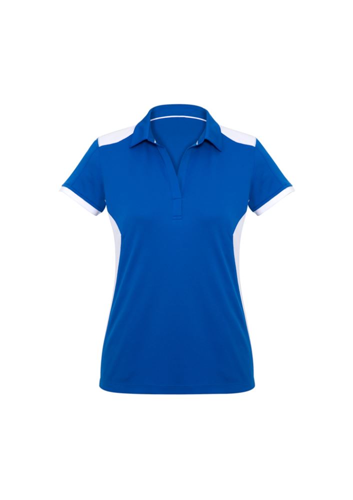 Ladies Rival Polo in Royal/White, size 16, featuring breathable BIZ COOL™ fabric, Y-line placket, and stylish contrast panels.