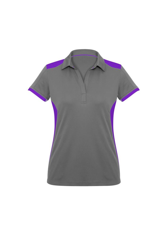 Silver/Purple Ladies Rival Polo from Biz Collection, Size 8, features a stylish design with UPF sun protection and lightweight fabric.