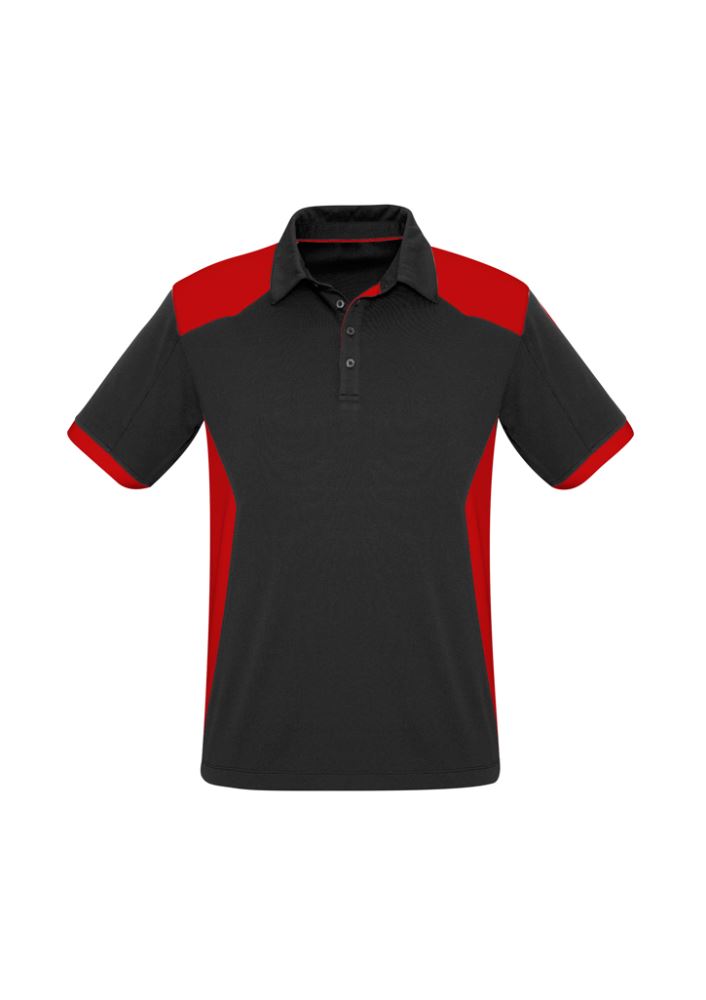 Mens Rival Polo in Black and Red, size XL, featuring breathable fabric, bold design, and convenient loose pocket.